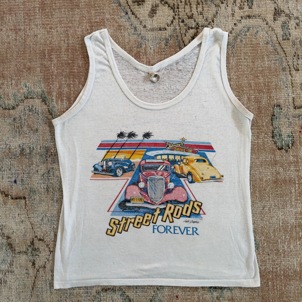 Vintage Screen‎ Stars Street Rods Forever Tank Top Large White 80s Car Graphic